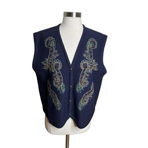 Koret Petites Vest Womens Large Blue 100% Wool Embroidered Paisley Print
